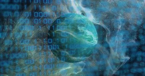 Image of binary code over green planet Illustrazione stock