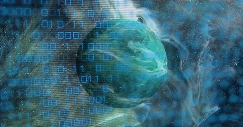 Image of binary code over green planet Stock Illustration