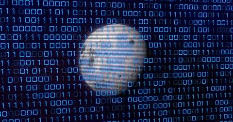 Image of binary code over grey planet Stock Photos