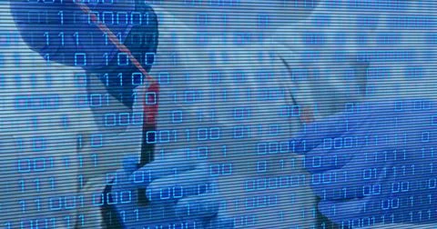 Image of binary code over hands of lab workers Stock Photos