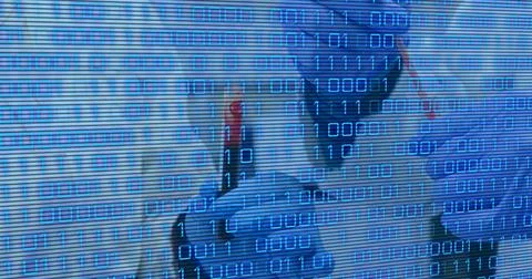 Image of binary code over hands of lab workers Foto stock