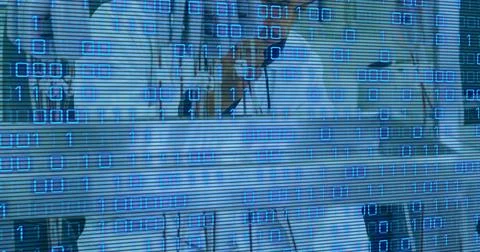 Image of binary code over hands of lab workers Stock Photos