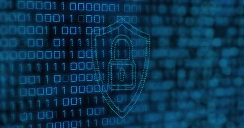 Image of binary code over lights and digital shield with padlock Stock Illustration