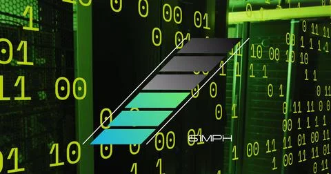 Image of binary code over speedometer and servers in background 库存照片