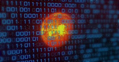 Image of binary code over yellow planet Stockillustratie