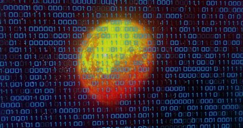 Image of binary code over yellow planet イラスト素材