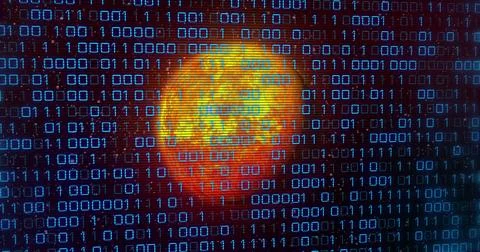 Image of binary code over yellow planet Stockillustratie