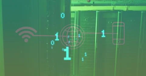 Image of binary code, tech icons and servers イラスト素材