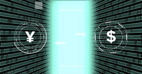 Image of binary code with yen and dollar symbols, currency exchange concept Foto stock