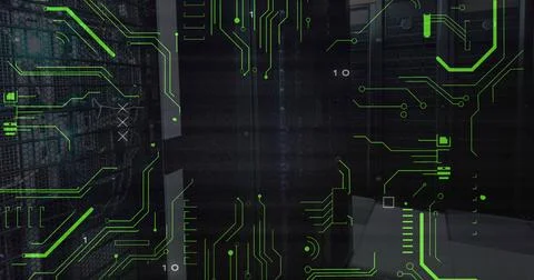 Image of binary codes and circuit board pattern over server room in background Stockfoto's