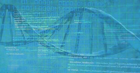 Image of binary codes and computer language over dna helix model on abstrac.. Stock Photos