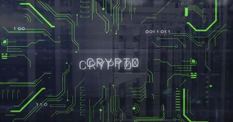 Image of binary codes and crypto text with circuit board pattern over data Stockfoto's