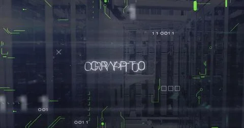 Image of binary codes and crypto text with circuit board pattern over data Stockfoto's