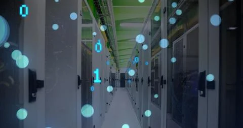 Image of binary codes and falling lens flares over server room in background Stock Photos