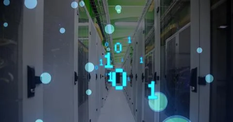 Image of binary codes and falling lens flares over server room in background Stock Photos