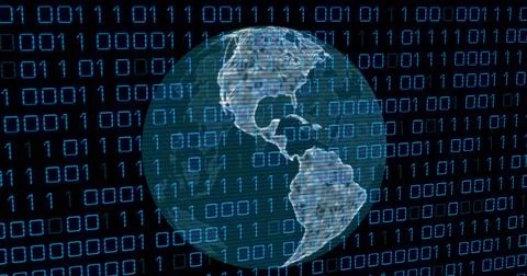 Image of binary codes and lines around rotating globe over black background Stock Photos