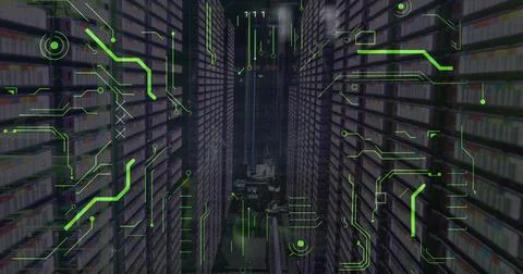 Image of binary codes and power supply over equipment in server room Stock Photos