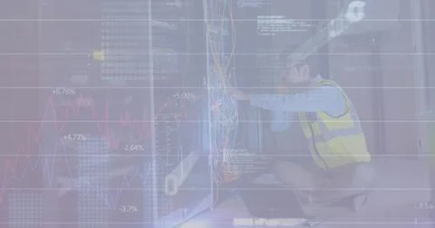 Image of binary codes and programming language, caucasian man checking data Stock Photos