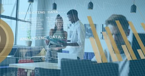 Image of binary codes, changing numbers, graphs, diverse coworkers discussing in Stock Photos