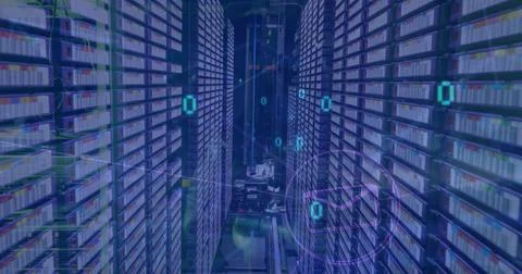 Image of binary codes coming out of tunnel, connected icons against server .. Stock Photos