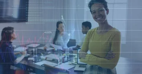 Image of binary codes, computer language and graphs, biracial woman standing Stock Illustration