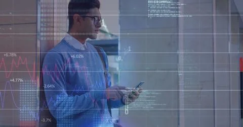 Image of binary codes, computer language, biracial man standing and scrolli.. Stock Photos