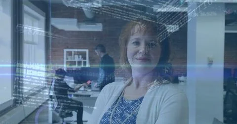 Image of binary codes, computer language, trading board over caucasian woma.. Stock Photos