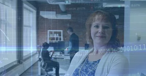 Image of binary codes, computer language, trading board over caucasian woma.. Stock Photos