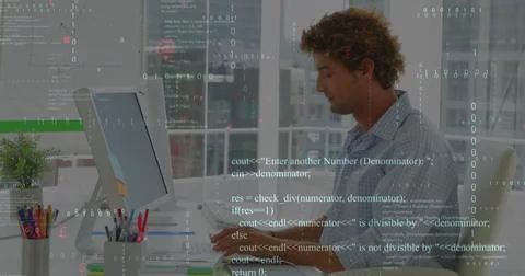 Image of binary codes, computer language, caucasian man riding on chair and Stock Photos