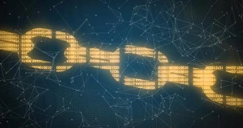 Image of binary codes forming chain and connected dots moving on abstract 스톡 사진