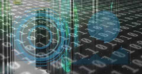 Image of binary codes, graphs with hud processing on digital interface Stock Photos