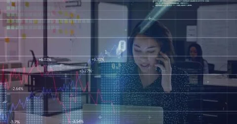 Image of binary codes, graphs, numbers, programming language, asian woman t.. Stock Photos