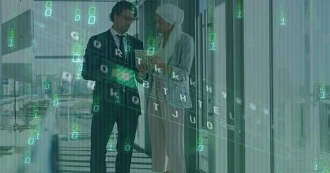 Image of binary codes, illuminated pattern on keyboard, diverse couple Stockfoto's