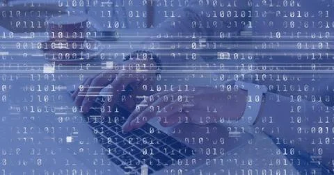 Image of binary codes in loop over caucasian businessman working over laptop on Stock Photos