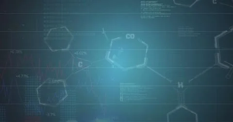 Image of binary codes, molecule structures over computer language against blue Stock Photos