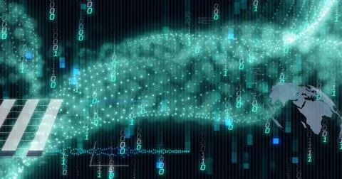 Image of binary codes moving in wave patterns over globes and graphs 스톡 사진