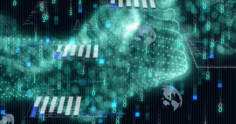 Image of binary codes moving in wave patterns over globes and graphs 写真素材