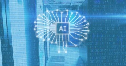 Image of binary codes over ai text in chip against server room in background Foto stock