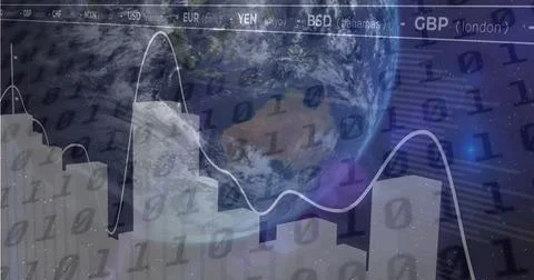 Image of binary codes over graphs and currency names against globe in background 스톡 사진