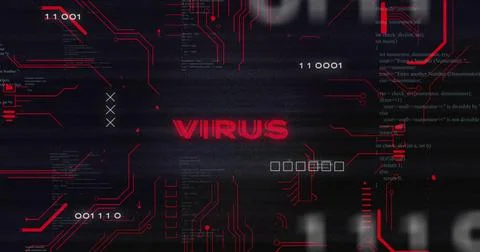 Image of binary codes over virus text in circuit board pattern against computer Stock Illustration