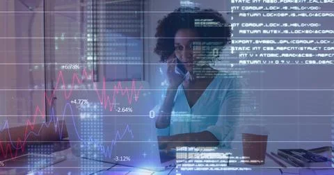 Image of binary codes, programming language, graphs, african american woman.. Stock-Fotos