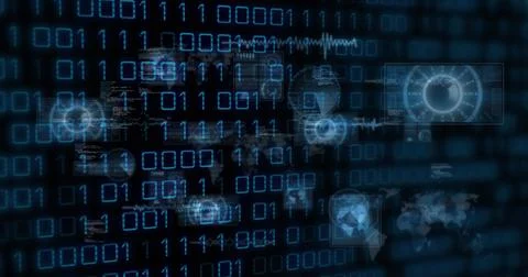 Image of binary codes, radars, maps, globes and computer language over black 库存照片