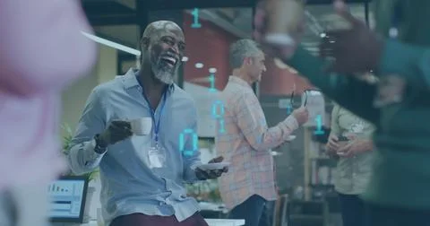 Image of binary coding against african ameircn man with coffee cup smiling .. Stock Photos