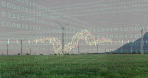 Image of binary coding and against spinning windmills on grassland 스톡 사진