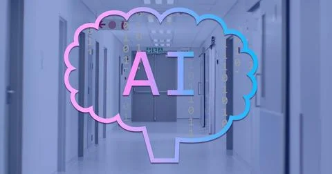 Image of binary coding and ai text over server room Stock Photos