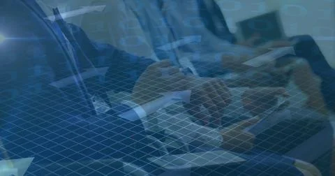 Image of binary coding and arrows over people using electronic devices 스톡 사진