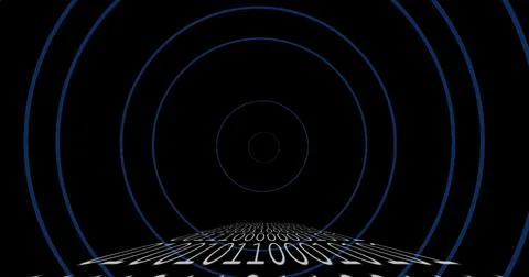 Image of binary coding and circles on black background 스톡 일러스트