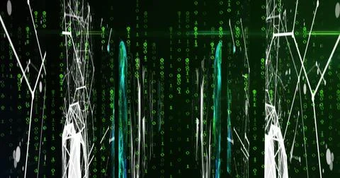 Image of binary coding and data processing over grid Illustrazione stock