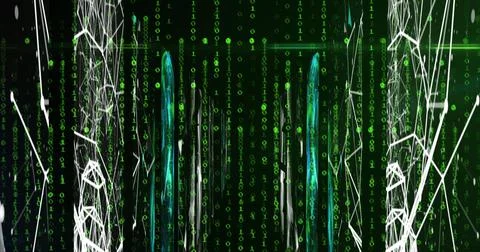 Image of binary coding and data processing over grid Illustrazione stock