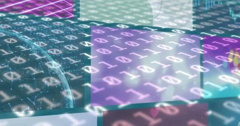 Image of binary coding and data processing on screens Stock Illustration